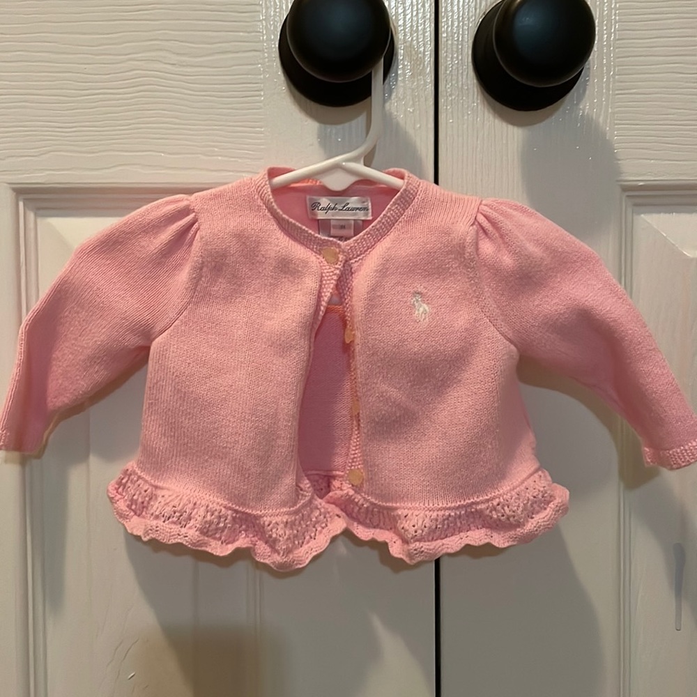 Ralph Lauren pink knit button sweater with ruffle hem